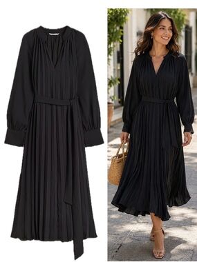 H&M Black Pleated Midi Dress Belted Long Sleeve Elegant Cocktail Party Sz S